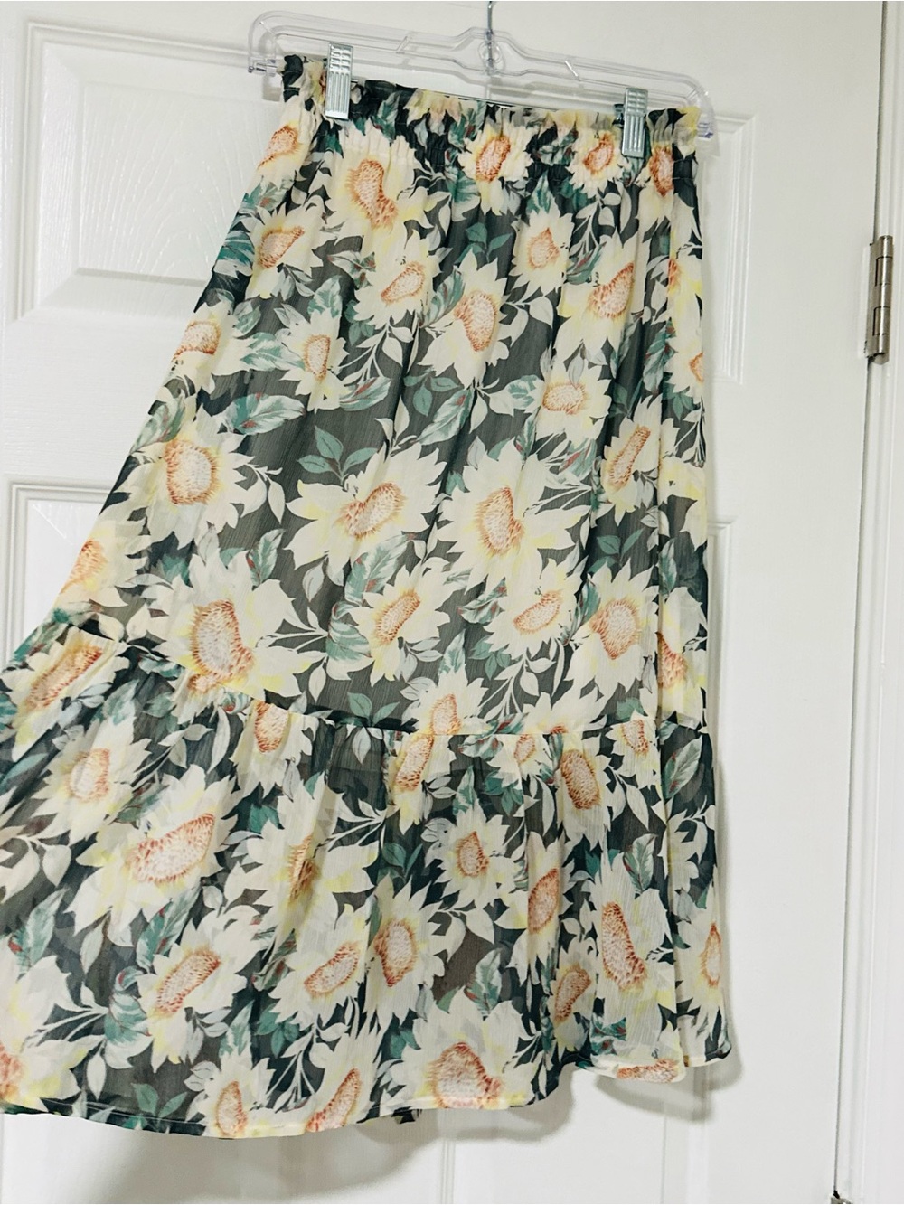 Floral Tiered Chiffon Skirt in Cream and Green